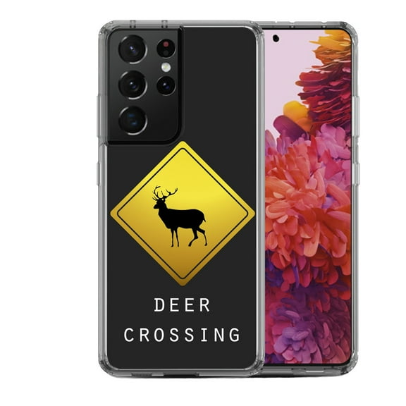 Shockproof Hybrid Bumper Phone Case for Samsung Galaxy S21 Ultra, by OneToughShield ® - Road Sign Deer
