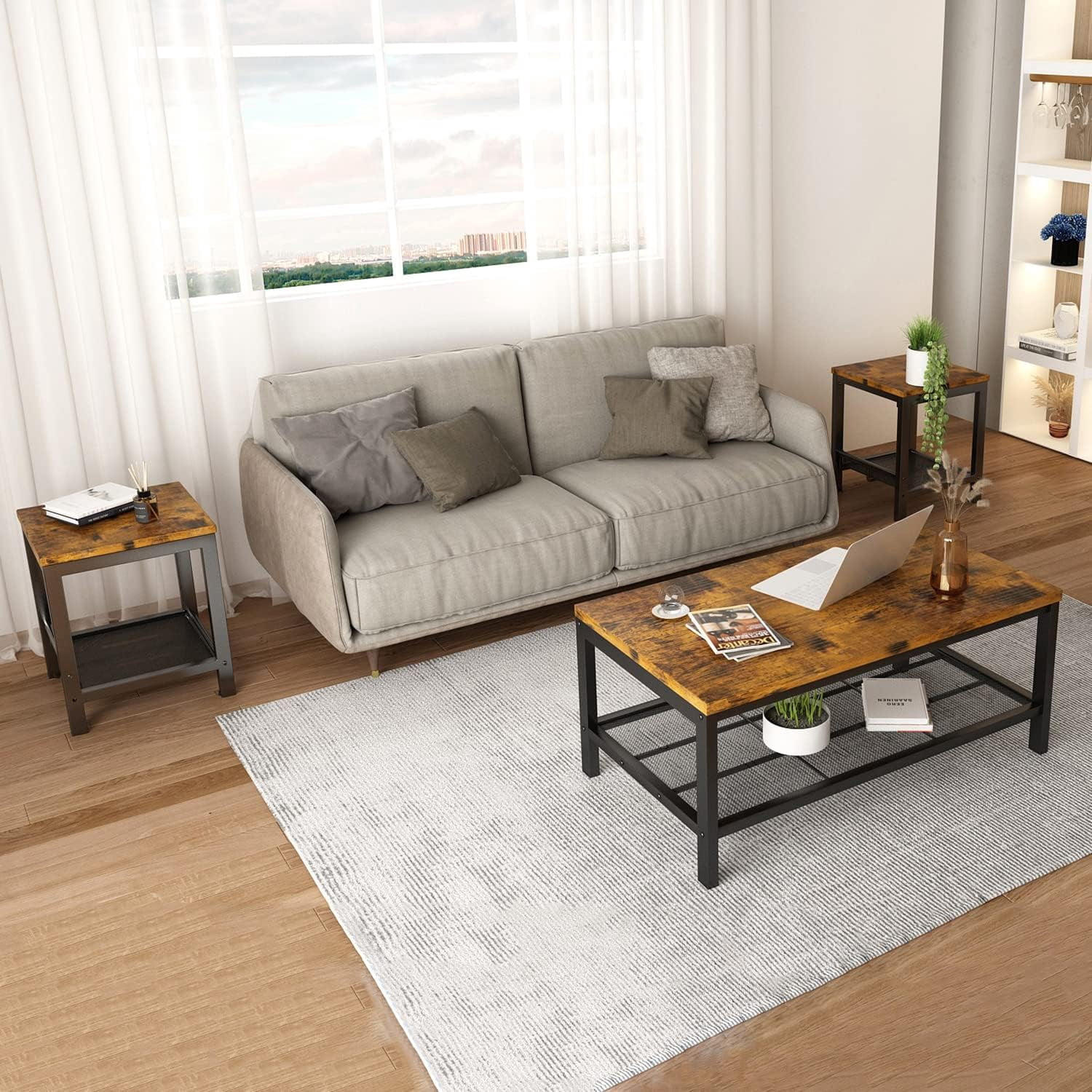 MOOSENG Coffee Table Set of 3, Industrial Vintage Wood Coffee Table with 2 Square End Side Tables, Easy Assembly Living Room Table Set for Offices, Living Rooms and Apartments, Brown