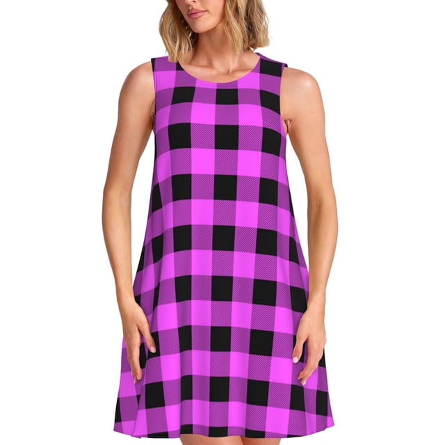 Fotbe Purple Black Buffalo Plaid Vestido de Verano sin Mangas para Mujer – Vestido Midi Línea A, Estilo Camiseta Floral, Vestido Playero Casual y Fluido