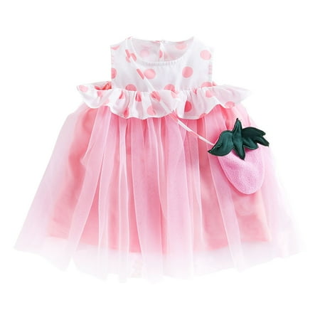

ZRBYWB Summer Small Medium Baby Girl New Pink Mesh Sleeveless Cute Sweet Wave Point Pattern Princess Dress Summer Girl Clothes