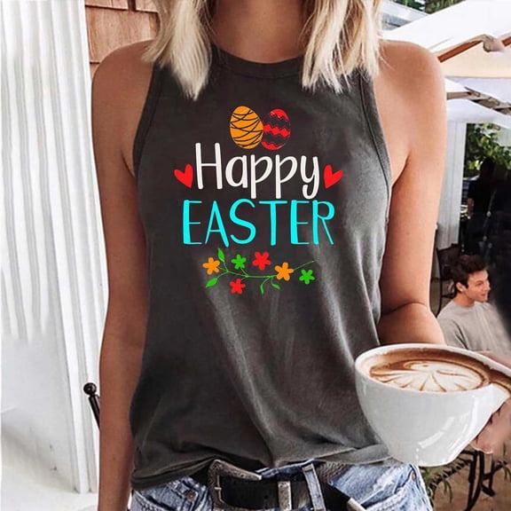 Wycnly Womens Tank Tops Happy Easter Print Round Neck Sleeveless Summer Shirts Loose Fit Breathable Cute Ladies Tank Vest Blouse Gray S