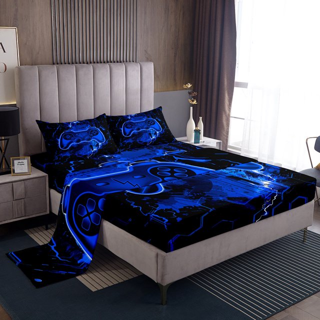 Erosebridal Cartoon Gamepad Sheet Set King, Geometry Bedding Sets King Size, Modern Video Game Decor 4pcs