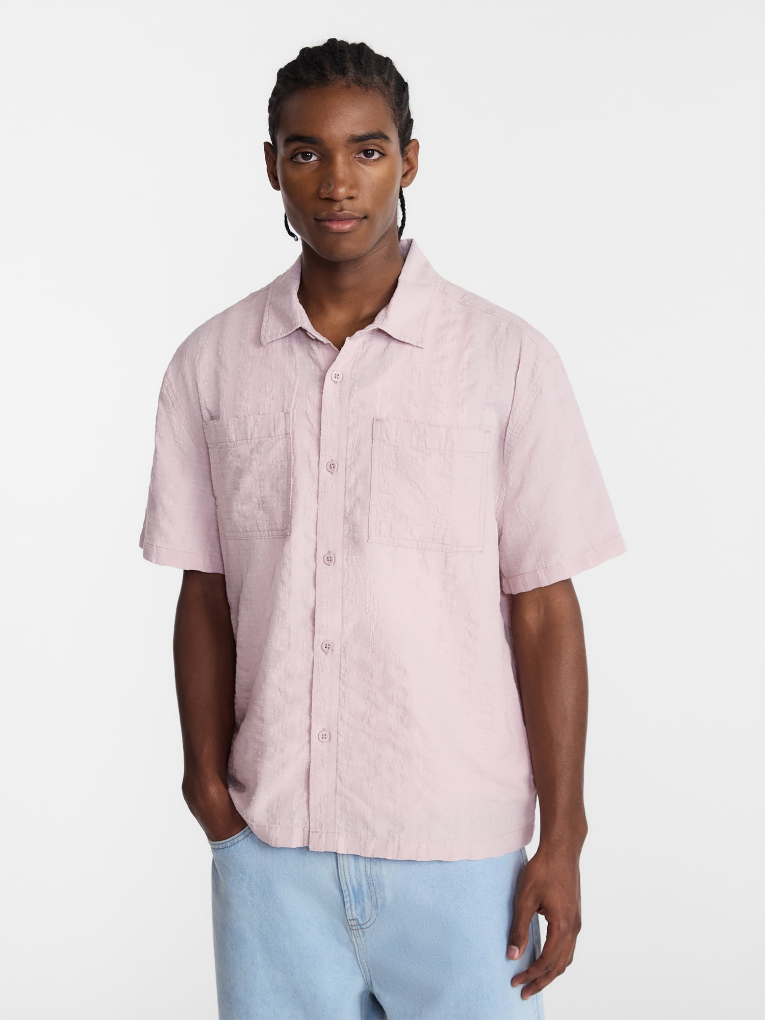 No Boundaries Textured Grid Boxy Fit Resort Shirt, Men's XS-5XL