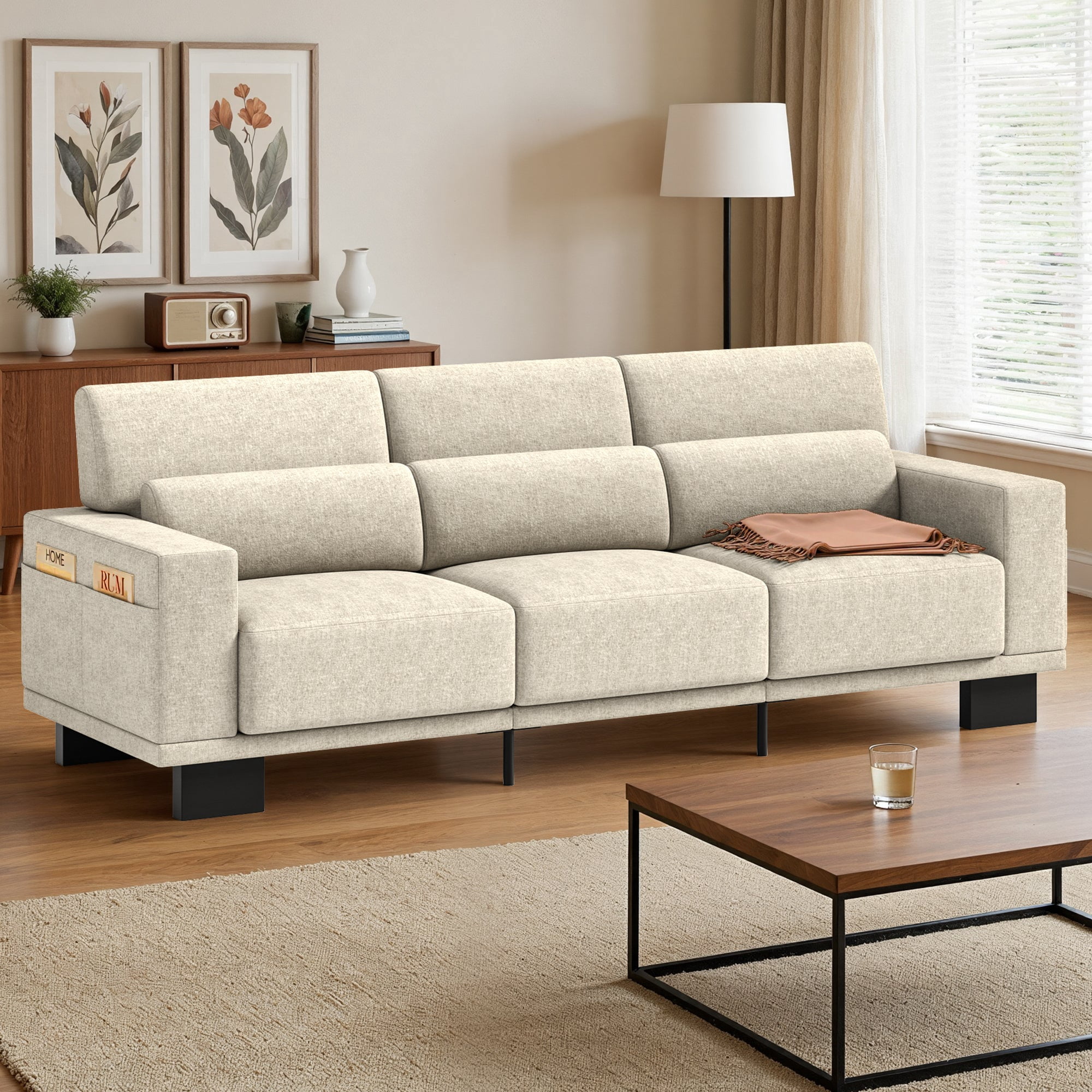 Aiho 89" Chenille Sofa 3-Seater, Pet Friendly Deep Seat Modern Couch with Wide Armrests for Living Room, Beige