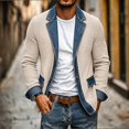 thumbnail image 5 of Afuyipoi Mens Blazer Knit Denim Patchwork Long Sleeve Single Button Pocket Jacket Beige Size L, 5 of 7