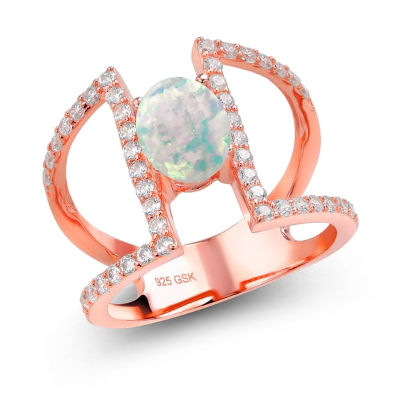 Gem Stone King 1.66 Ct Oval Cabochon White Simulated Opal 18K Rose Gold Plated Silver Ring (Size 7)
