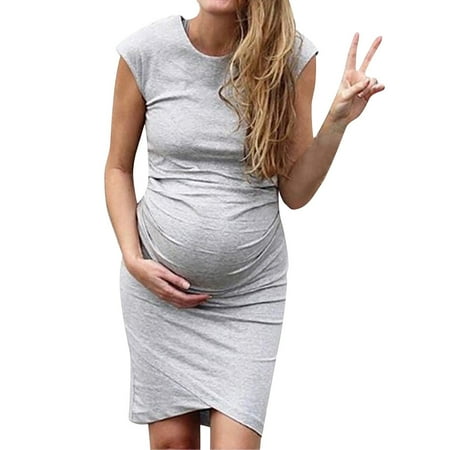 

asdoklhq Maternity Clothes for Women Clearance Women Solid Color Sleeveless Pregnat Comfortable Midi Dresse
