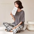 thumbnail image 4 of Conjunto de Pijama de manga corta para Mujer, ropa de dormir de punto a rayas, elegante, para estar en casa, talla grande 5XL, 4 of 4