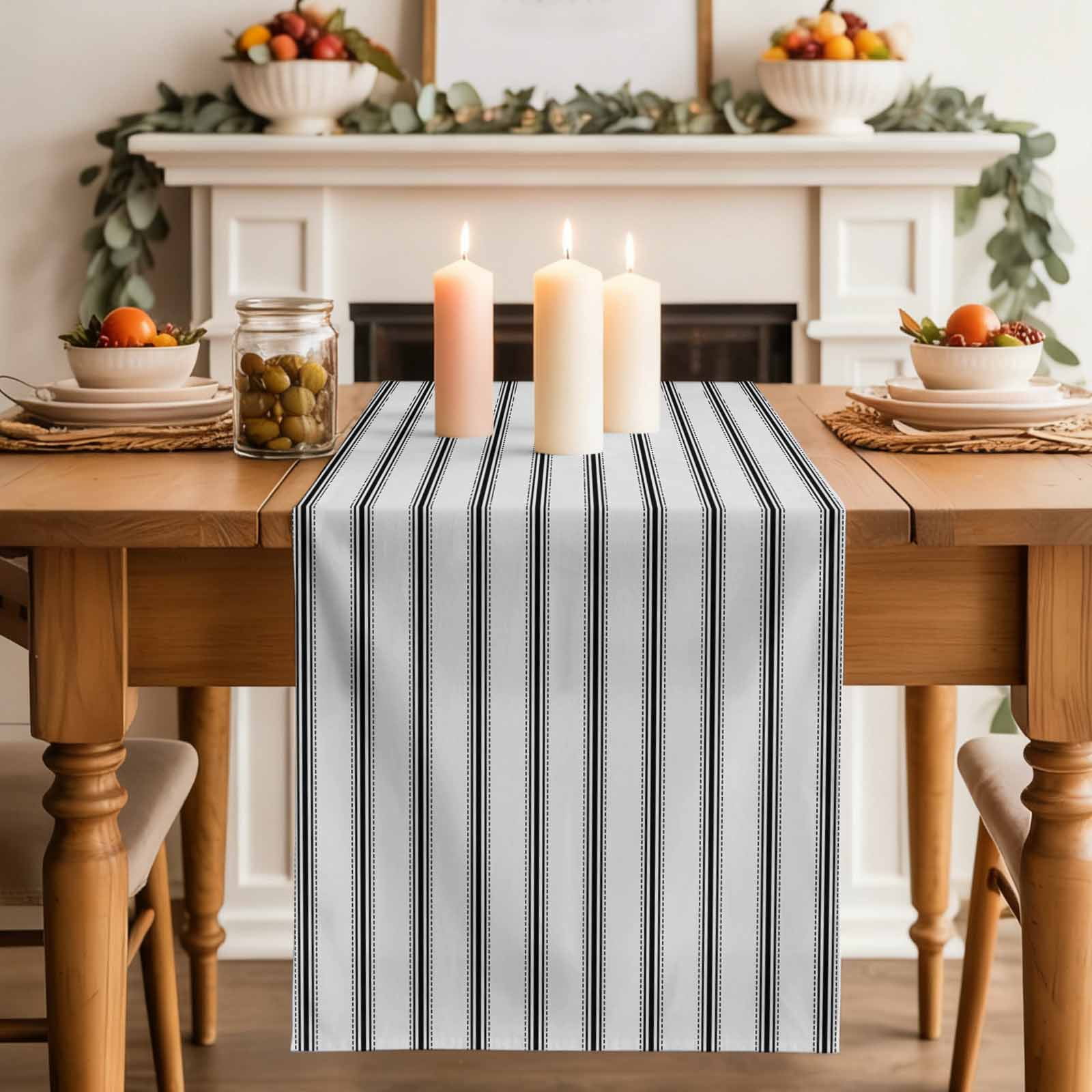 Black Striped Table Runner, Black White Stripes Farmhouse Washable Cotton Linen Table Runners 60 Inches Long, Dresser Scarf Runner for Coffee/TV Stands/Kitchen/Cabinets 13''x60''
