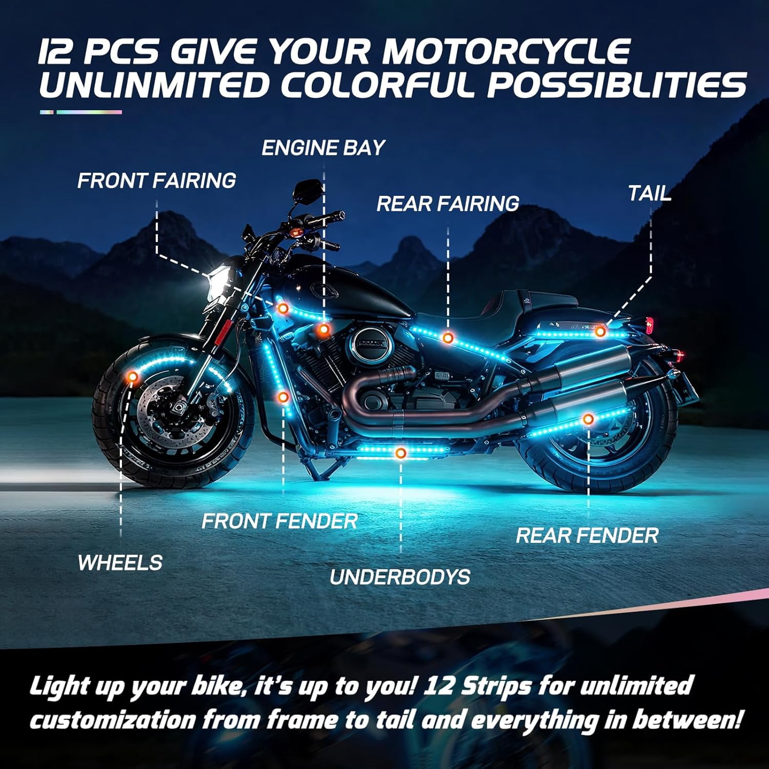 Nilight 12Pcs Motorcycle RGB Led Light Kit Waterproof Multi-Color Atmosphere Lights Lamp with Dual RF Wireless Remote Controllers for Harley Davidson Honda Kawasaki Suzuki