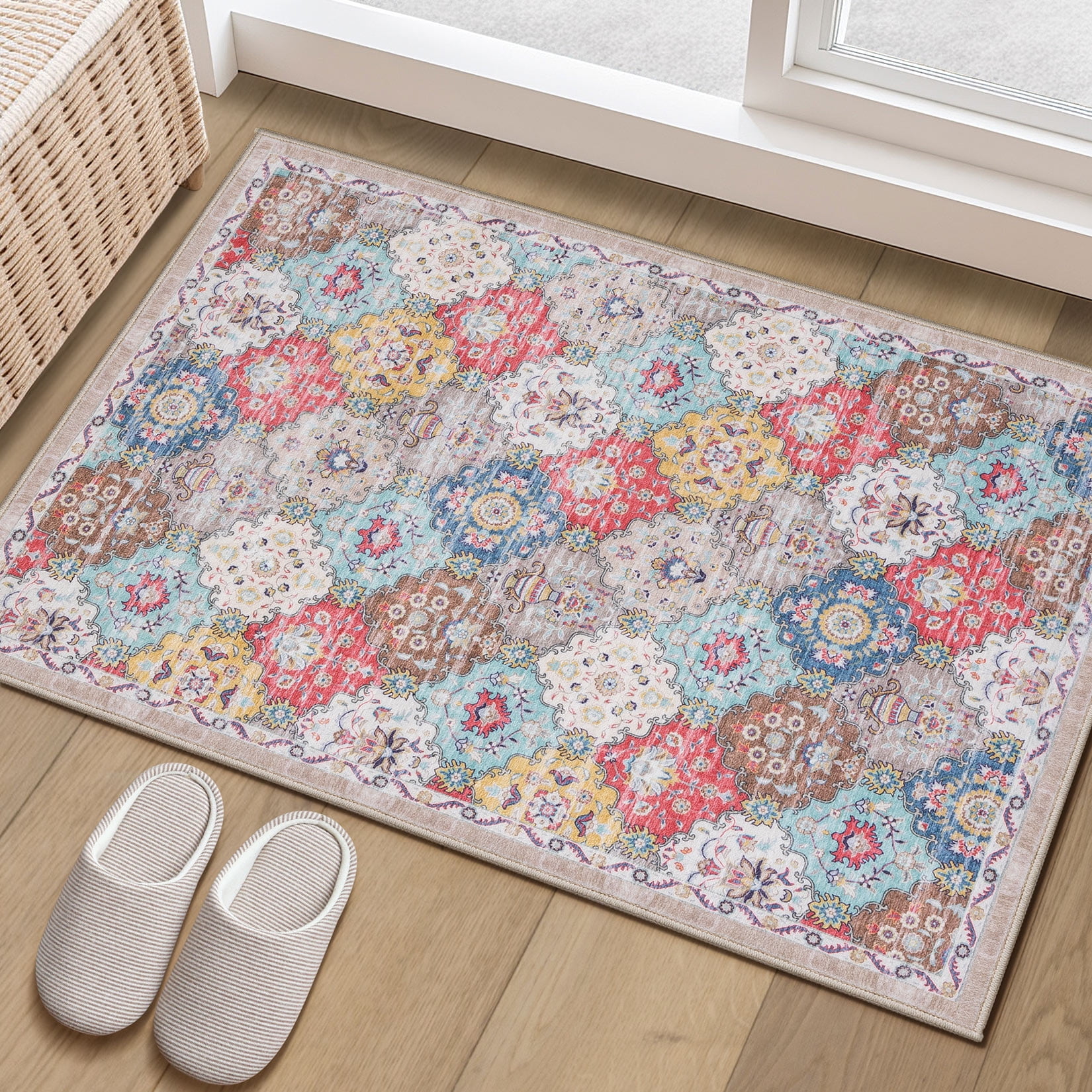 Toyoso 2x3 Area Rug Living Room Rugs - Washable Vintage Floral Soft Thin Large Rug Indoor Floor No Slip Rug Carpet for Bedroom Under Dining Table Home Office Decor - Multi Red