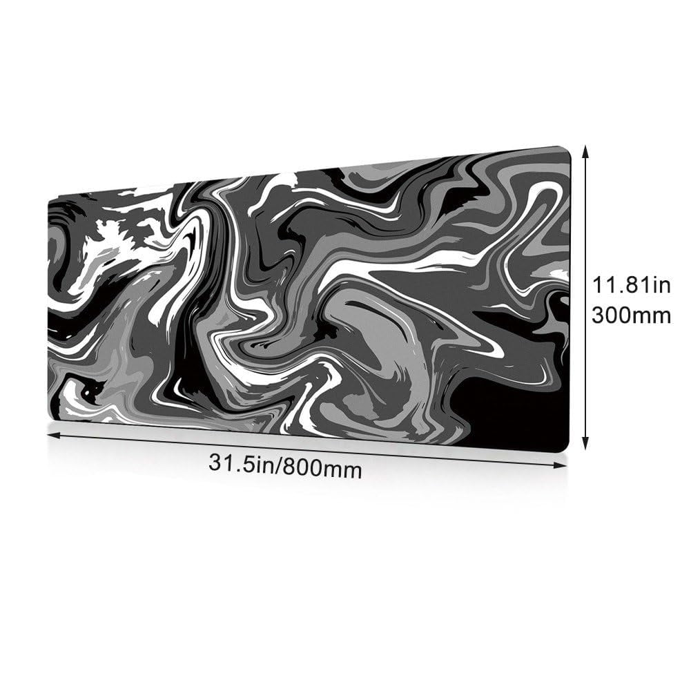 Large Gaming Mouse Pad, Extended XL Mousepad, Non-Slip Rubber Base Keyboard Mouse Mat Desk Pad for Work, Game, Office, Home, 31.5 x 11.8 in, Black Marble Fluid Design