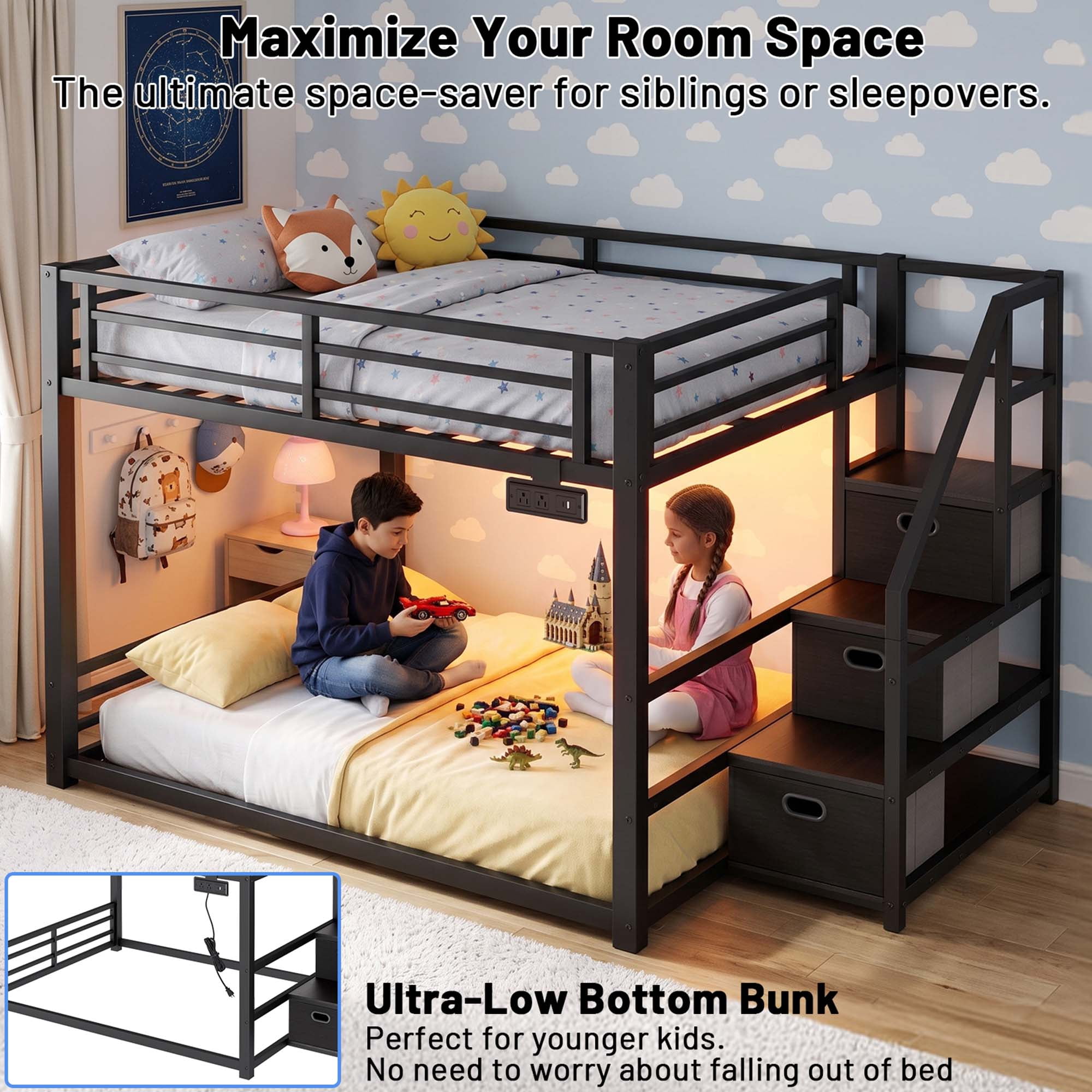 Miniyam Full Over Full Bunk Bed with Storage Stairs, Movable Charging Station and LED Lights, Black