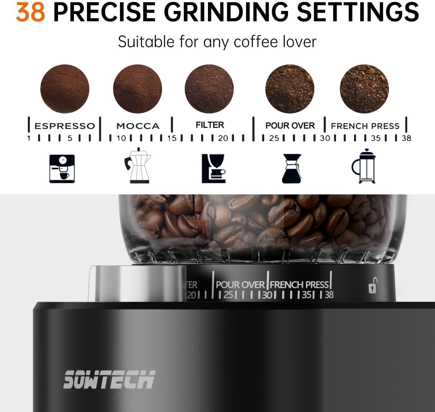 Conical Burr Coffee Grinder with 38 Settings & Timer for Espresso, Drip, French Press