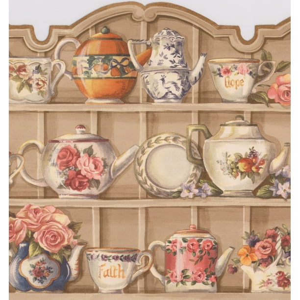 Wallpaper Border - Beige Kitchen Cabinets with Plates Cups ...