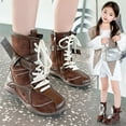 thumbnail image 3 of Owordtank Girls Lace Up Boots Faux Leather Patchwork Retro Boxing Style Mid-Calf Flat Boots for Winter Outdoor, 3 of 8