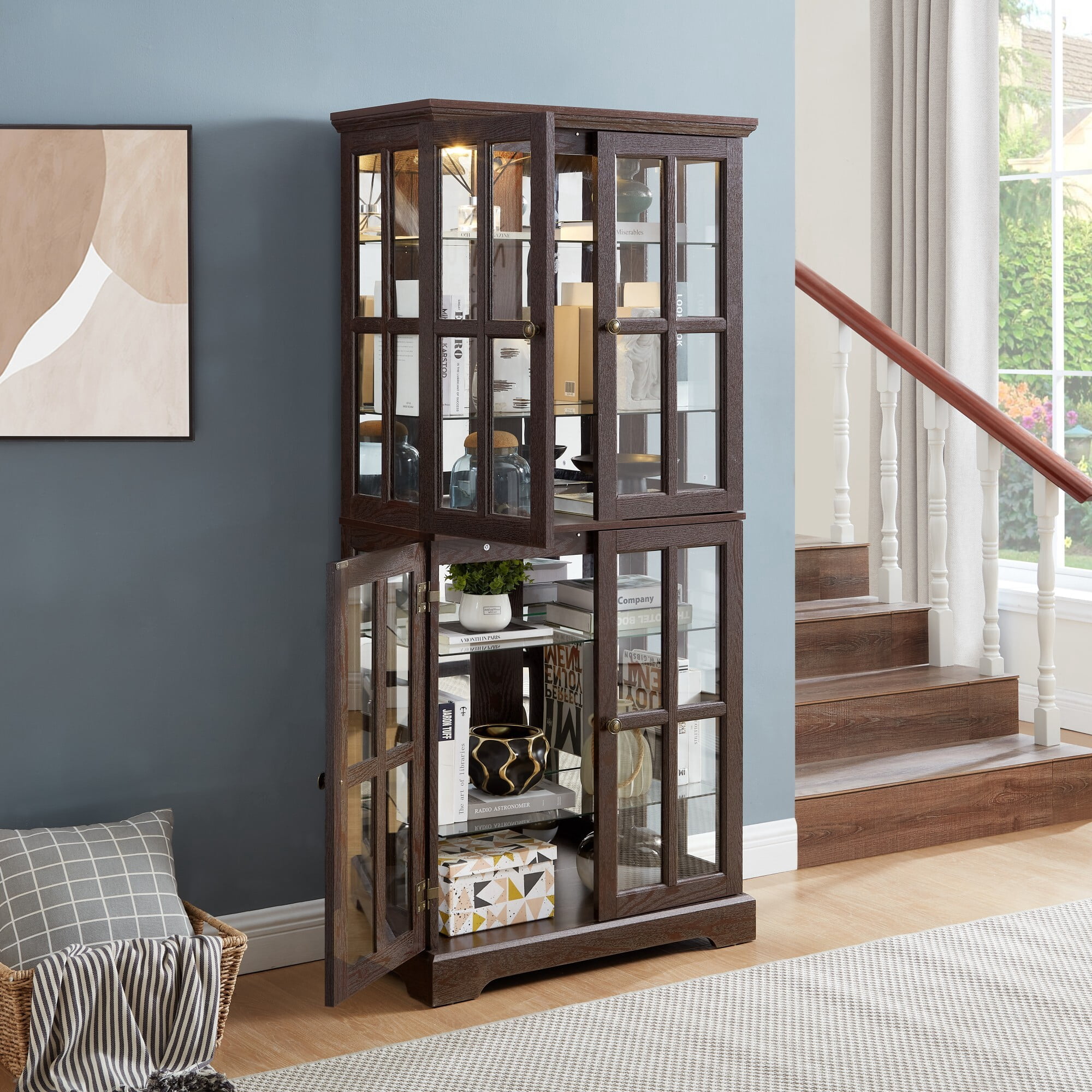 AENKYO 68" Antique Glass Display Case with E26 Bulb & Adjustable Shelves - Elegant Curio Cabinet for Living Room, Cherry
