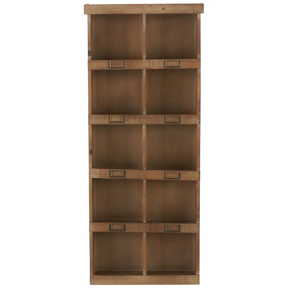 DecMode Rustic Bookcase Inspired Wood Wall Shelf with 10 Square Units and Brown Wood Grain Finish, 18"W x 42"H