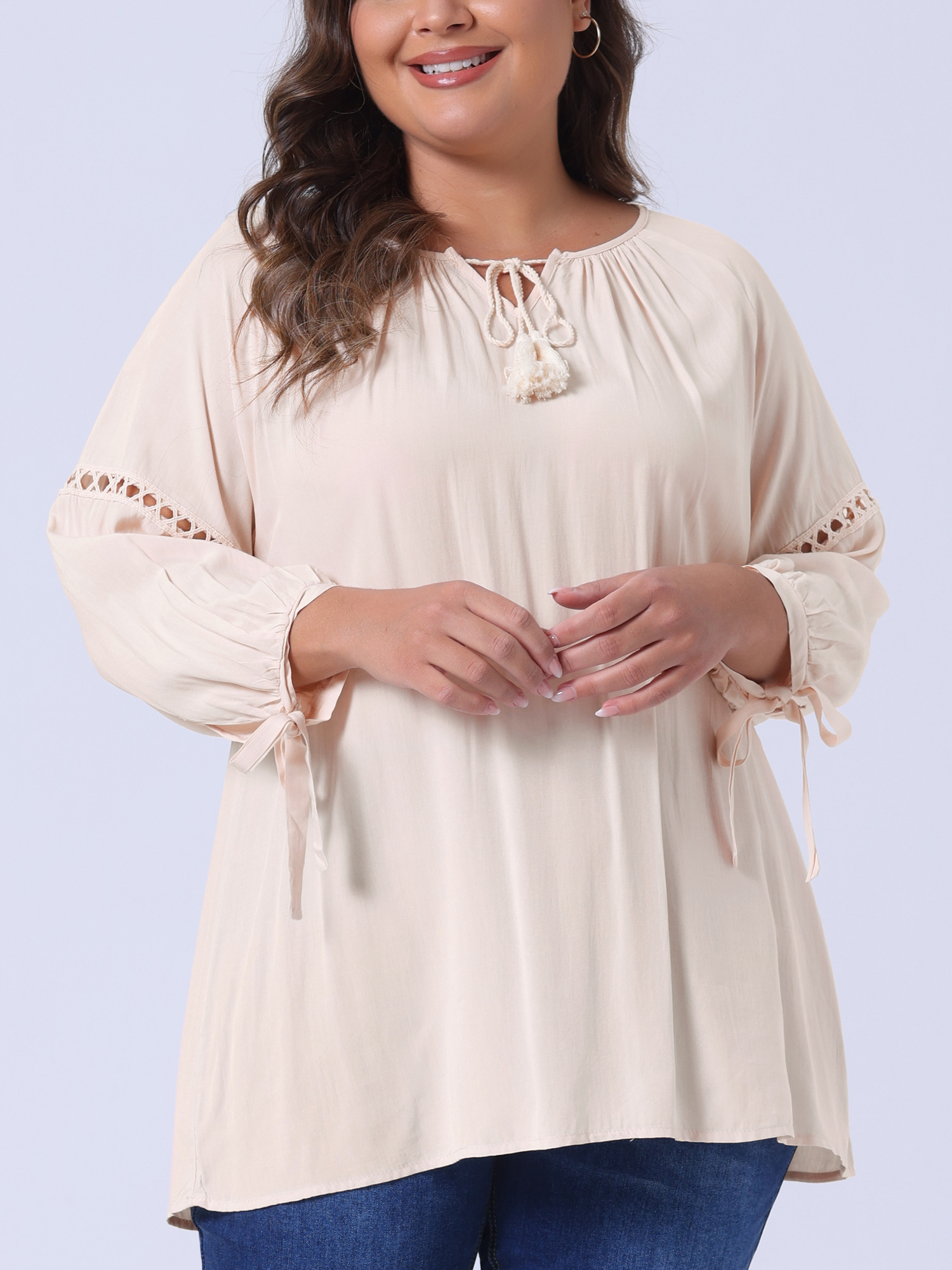 DARING DIVA Women's Plus Tie-Neck Raglan Sleeves Hollow Out Top 2X Beige