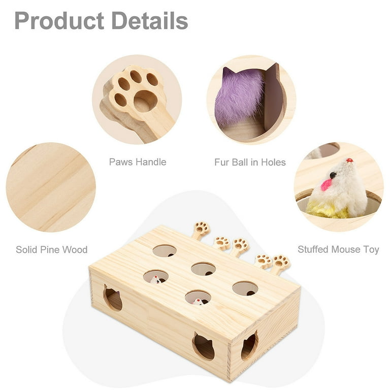 kathson Cat Enrichment Toys for Indoor Cats, Solid Wood Kitten Whack A Mole  Interactive Box Catch Mice Game Cat Puzzle Toy for All Ages Cats Kittens