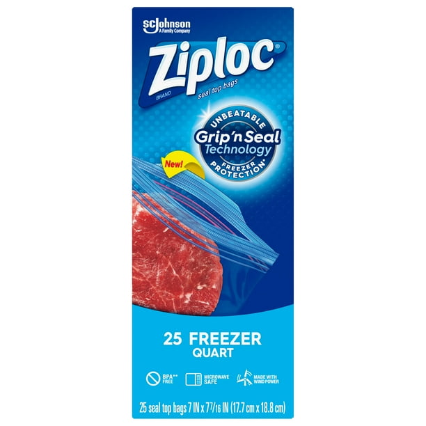 Ziploc Brand Freezer Quart Bags with Grip 'n Seal Technology, 25 Count