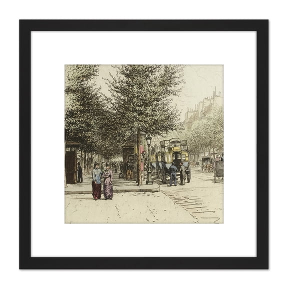 Martial Road Paris Boulevard Madeleine 1877 Illustration 8X8 Inch Square Wooden Framed Wall Art Print Picture with Mount