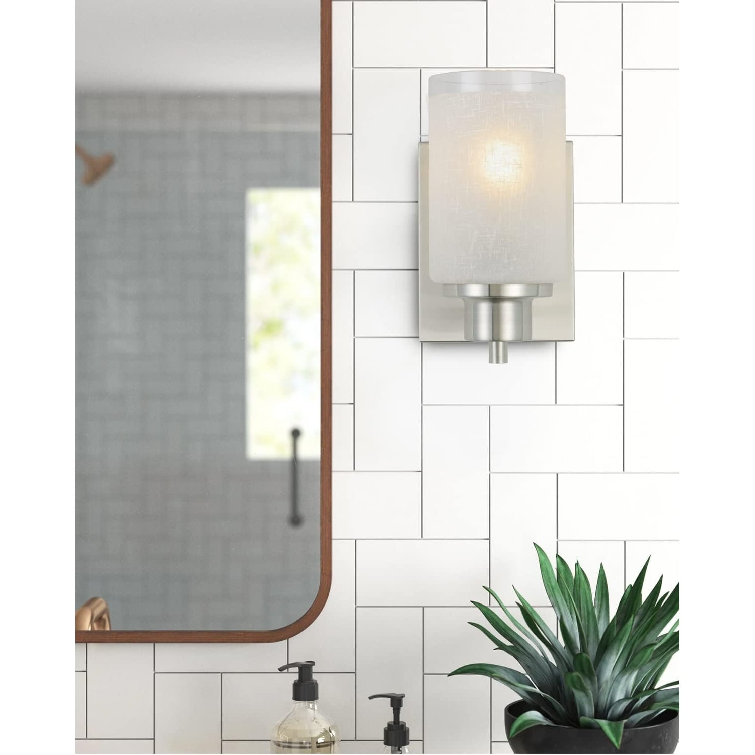 2 Pack Bath Vanity Light Fixture, Modern Indoor Wall Scone Lighting White Linen Frosted Glass Shades with Brush Nickle Finish Wall Lamp for Bathroom Kitchen Entryway Bedside