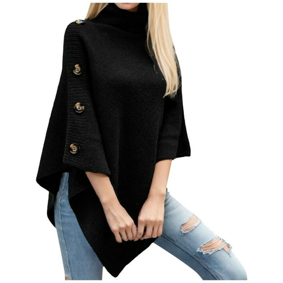 MIASHUI Women's Fall Winter Solid Color High Neck Knit Cape Sweater, Poncho Style Outerwear Black,One Size