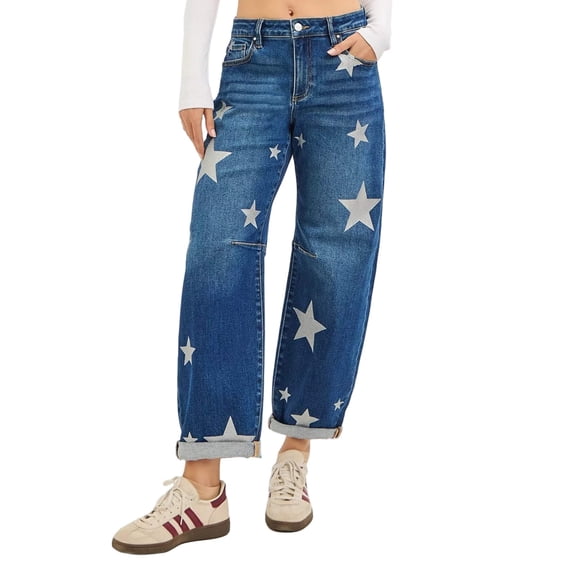 RISEN Mid Rise Ankle Length Relaxed Barrel Star Printed Jeans