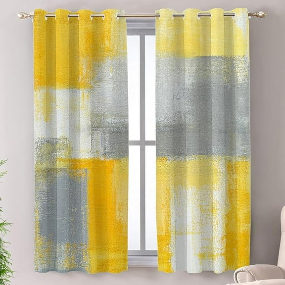 Grey Abstract Art Blackout Window Curtains, Yellow Vintage Modern Painting Thermal Insulated Curtains Grommet Top Window Drapes For Living Room, Bedroom 26"W x 54"L (Pack of 2)