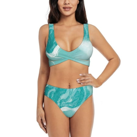 Zeuib Teal Turquoise 1 High Waisted Tummy Control Bikini Set - Knot Front Push Up Top & Cheeky Thong Bottom  Two-Piece Swimsuit for Women-X-Large