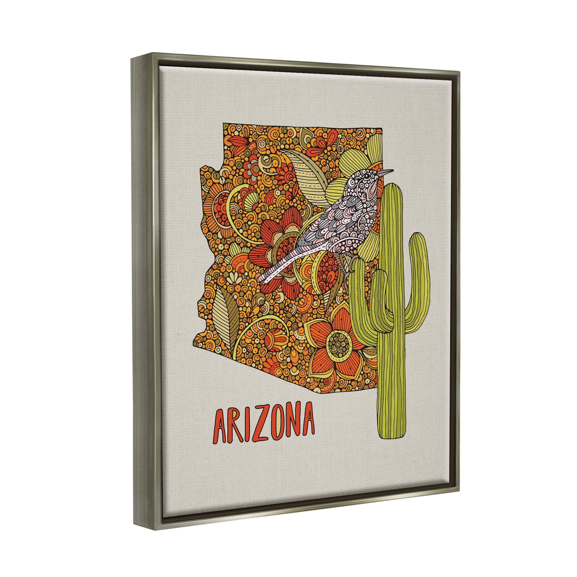 Stupell Industries Arizona State Bird Detailed Cactus Floral Pattern Graphic Art Luster Gray Floating Framed Canvas Print Wall Art, Design by Valentina Harper