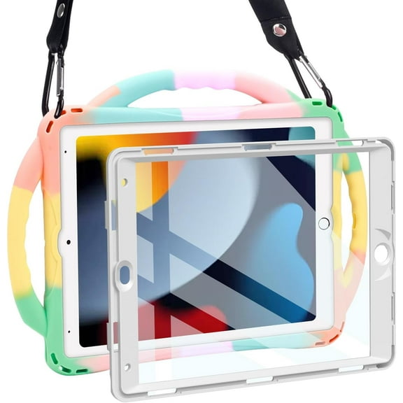 Kids iPad Case 10.2 Inch for iPad 9th/8th/7th Gen, Shockproof Silicone Cover with Built-in Screen Protector, Handle, Kickstand & Removable Strap (Rainbow)