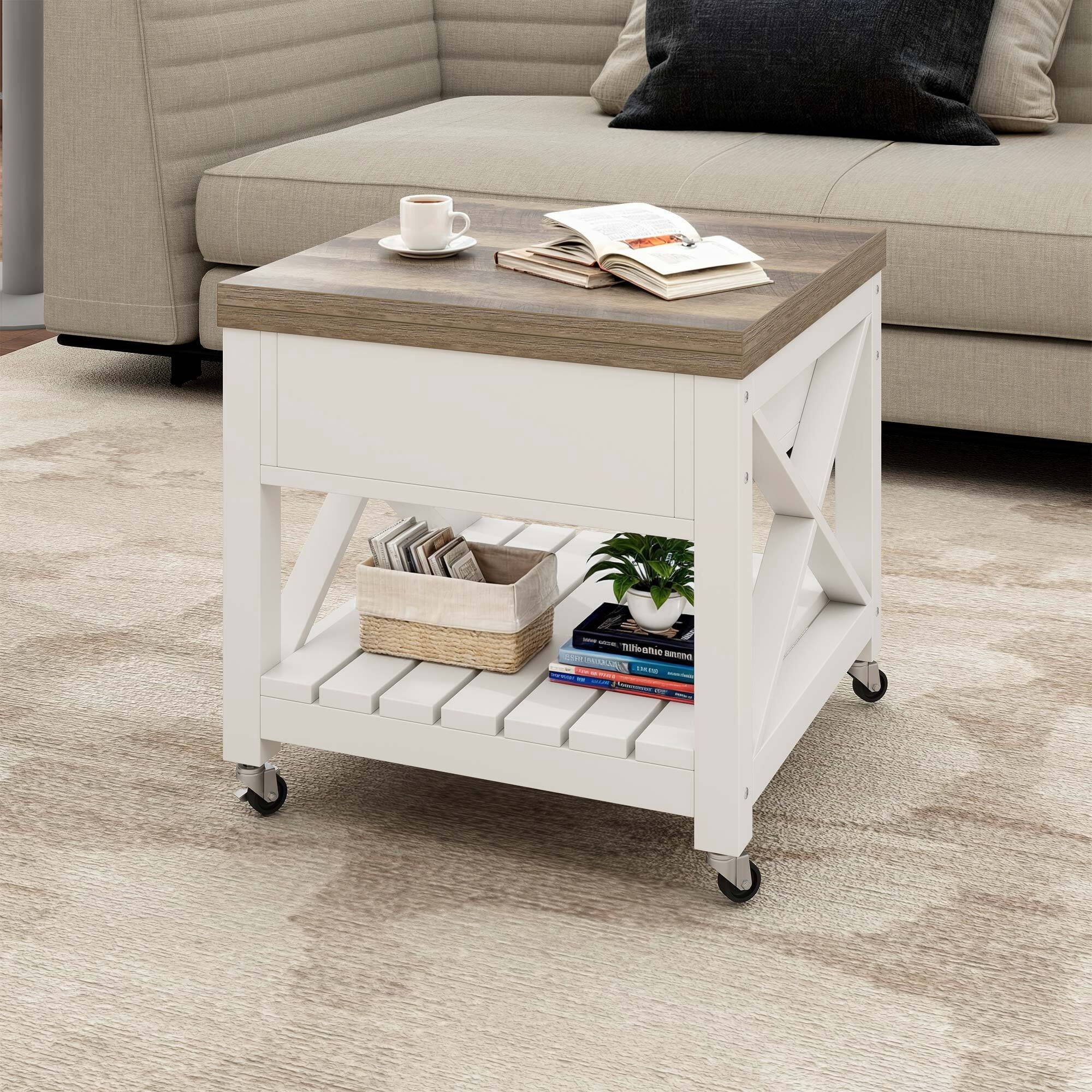 Uforic Square Dining Table Lift Top Coffee Table with Wheels, Square Dining Table, Oak