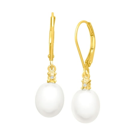 White Freshwater Cultured Pearl Drop Earrings with Diamonds in 10kt Yellow Gold (10mm)