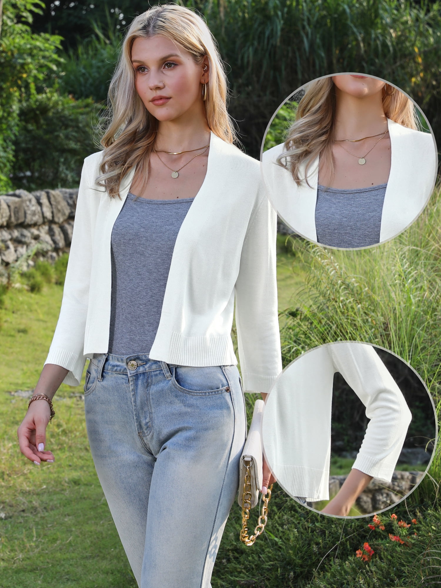 DARING DIVA Women's Cropped Knit Open Front 3/4 Sleeve Bolero Shrug XS White