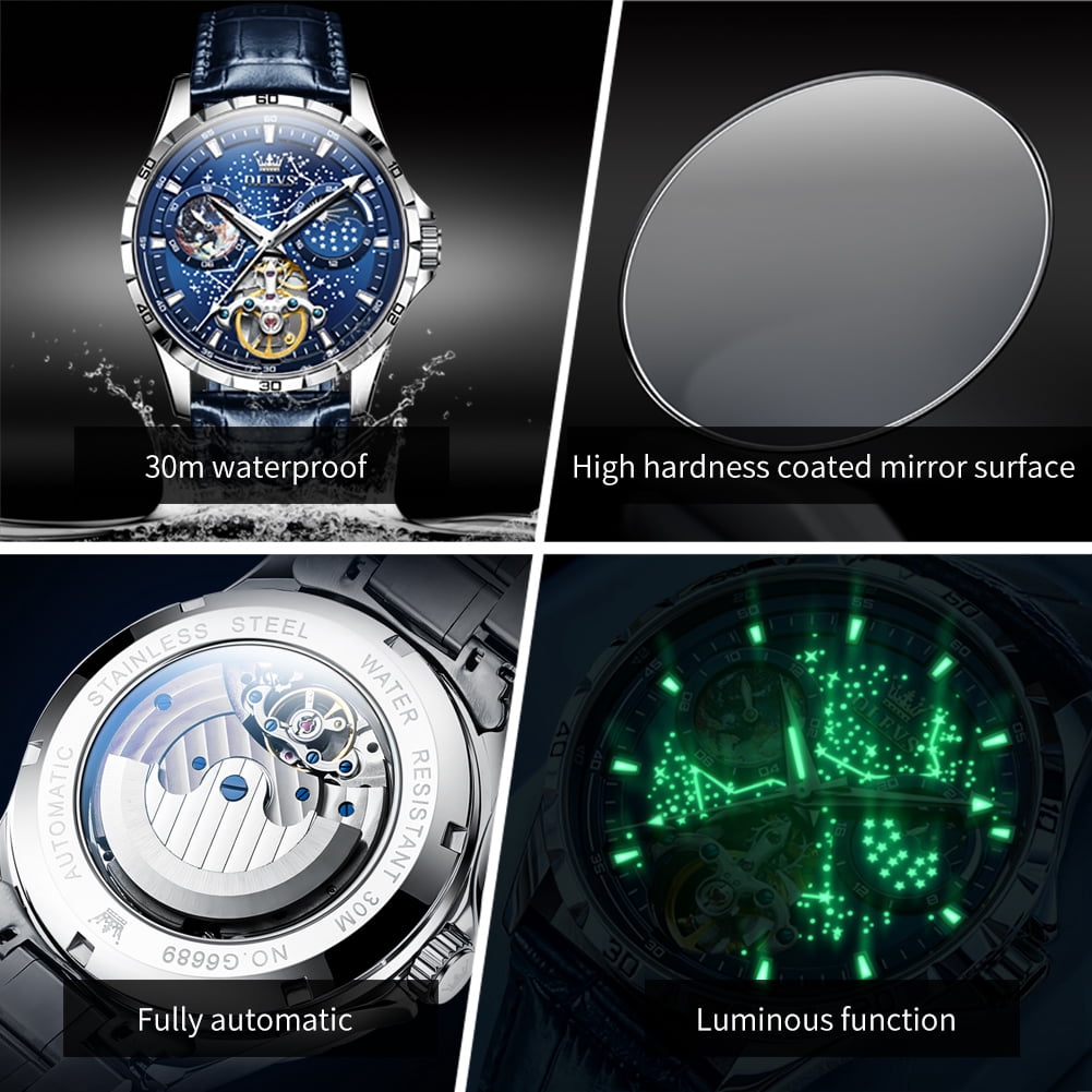 OLEVS Automatic Watches for Mens Starry Sky Skeleton Tourbillon Self Winding Mechanical Moon Phase Luminous Waterproof Luxury Dress Mens Wrist Watches Gifts Reloj Para Hombre Black/Blue/Green