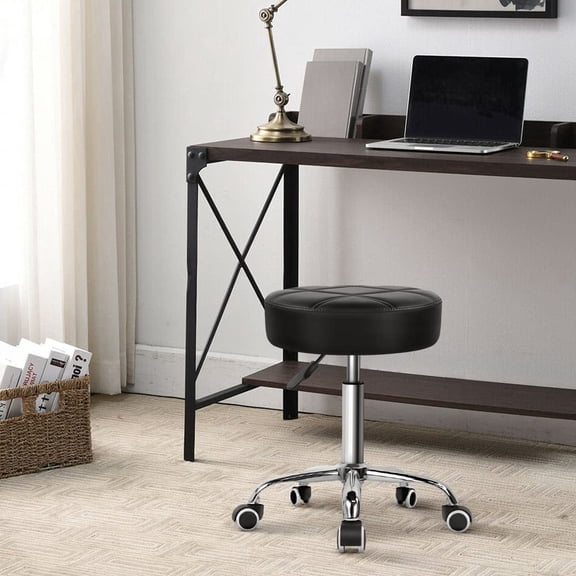 Round Rolling Stool PU Leather Height Adjustable Swivel Drafting Work SPA Medical Salon Stools Chair with Wheels Black