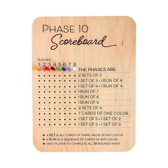 BESTSKY Phase 10 Score Board,Wooden Phase Ten Scorecard and Round Tracker,Wood Board Game Accessory,Fun Table Board Card Game Accessories for Party Family Game Night