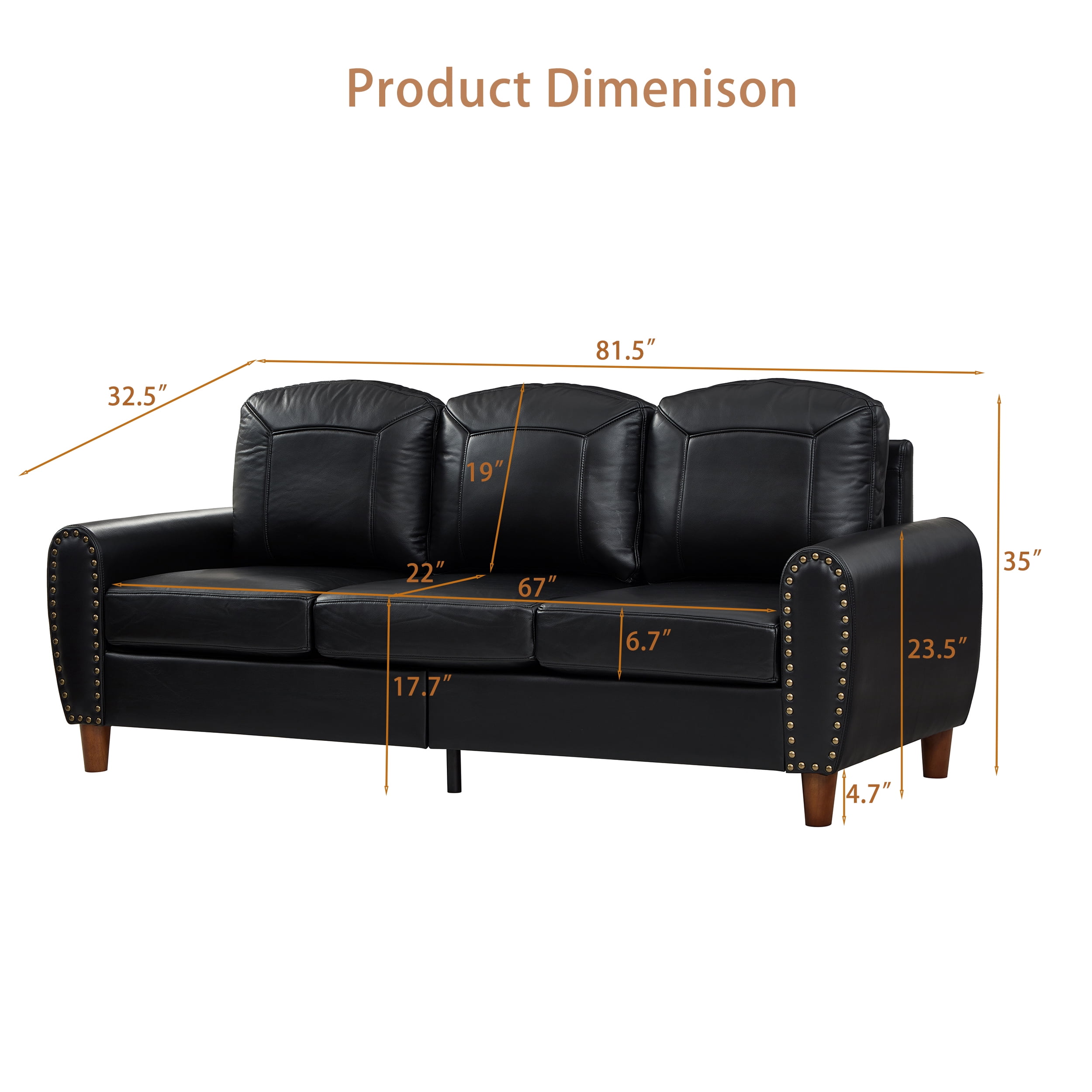 Mid-Century Modern Faux Leather 3-Seater Sofa,81.5"W Classic Rolled Arm Sofa Couch with Brass Nailhead Trim & Solid Wood Legs,Apartment,Living Room,Black