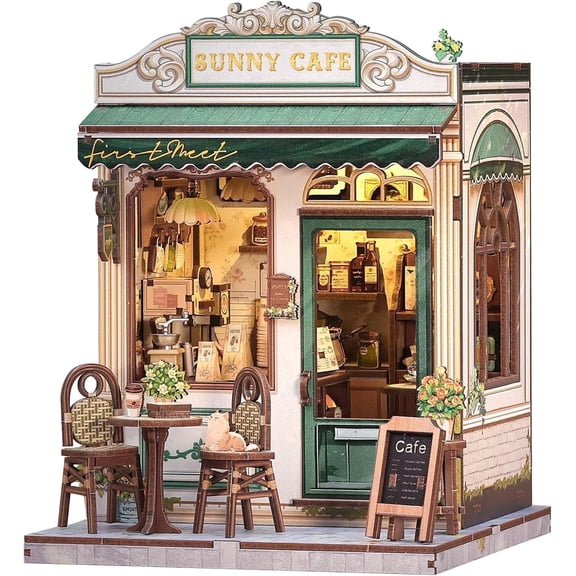 Sunny Cafe DIY Miniature Dollhouse Kit - 3D Wooden Puzzle with LED for Adults