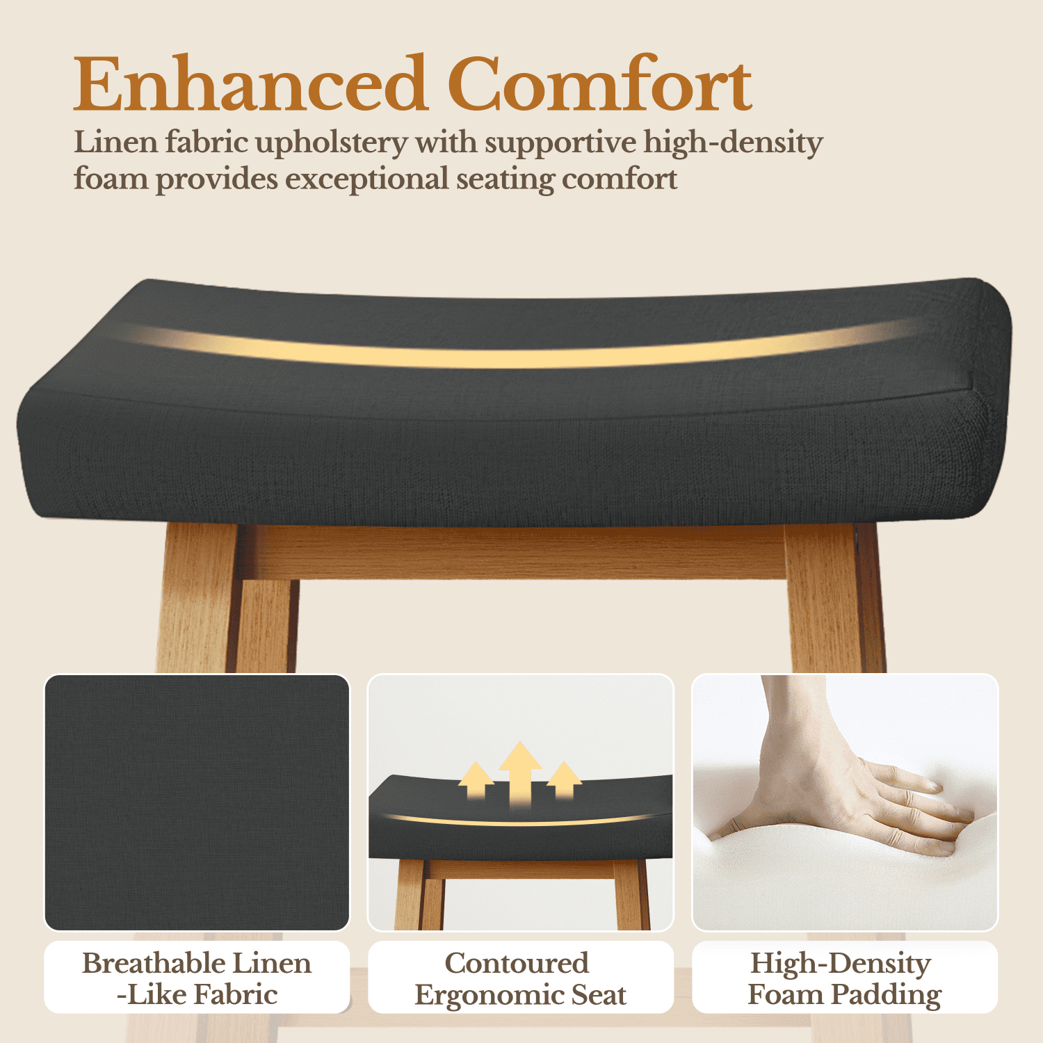 Alden Design Set of 3 Backless Saddle Stools with Upholstered Seat Cushion, Dark Grey