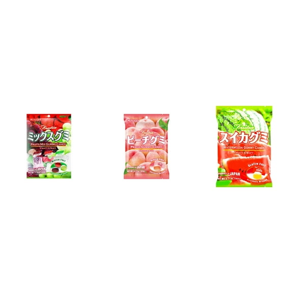 3 Pack Kasugai Gummy Candies, Made in Japan, Gluten Free, Mix 3 Flavor (Fruits Mix,Peach,Watermelon) Plus NineChef Brand Long Handle Coffee Spoon