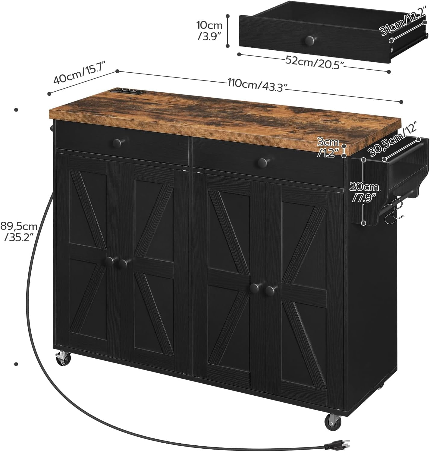 HOOBRO 43.3" Rolling Kitchen Island with Charging Station Kitchen Island Cart with Spice Rack and Hooks Kitchen Living Room Rustic Brown and Black BF11UZD01