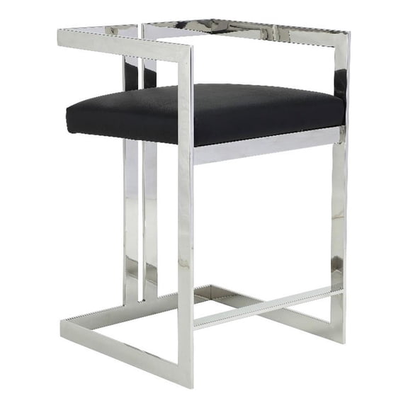 Benjara Suki 26" Counter Stool Chair- Black Faux Leather Silver Stainless Steel
