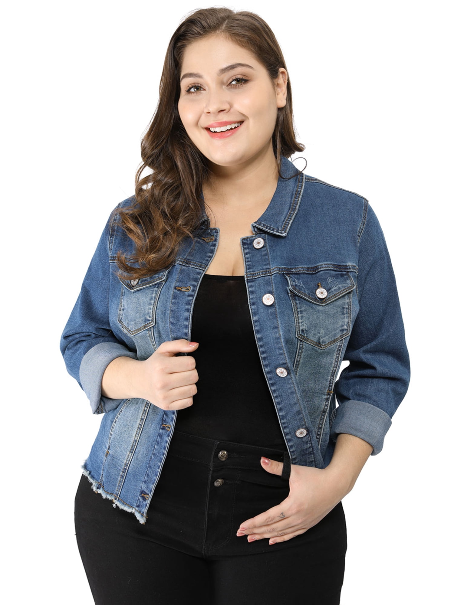 DARING DIVA Women's Plus Size Washed Front Frayed Classic Denim Jacket 6X Blue