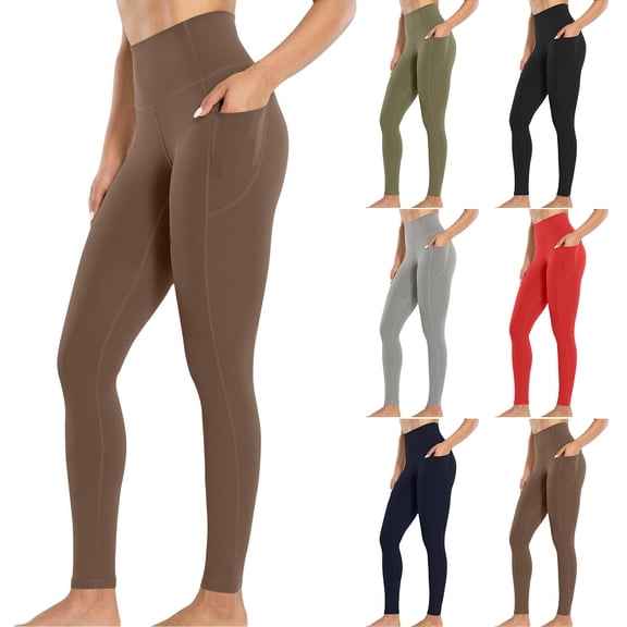Workout Leggings with Two Side Pockets for Women High Waist Yoga Pants Soft Lightweight Athletic Gym Tights, Brown M