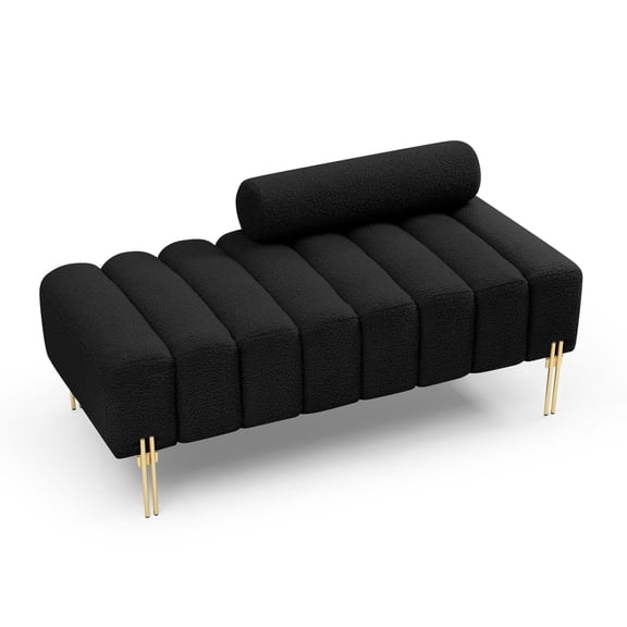 53.2" Width Modern End of Bed Bench Sherpa Fabric Upholstered 2 Seater Sofa Couch Entryway Ottoman Bench Fuzzy Sofa Stool Footrest Window Bench w/Gold Metal Legs for Bedroom Living Room,Black 78535