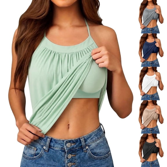 Women's Spaghetti Strap Sleeveless Tank Tops with Built in Bra Racerback Loose Flowy Beach Camis Lightweight Casual Summer Blouses White