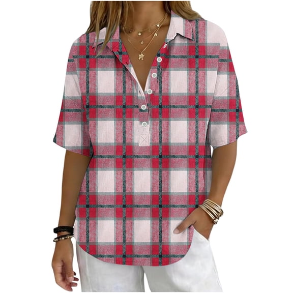 Guluxicc Polo Shirts for Women 3/4 Sleeve Plaid Trendy Tops Summer V Neck T Shirts Fashion Clothing